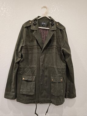 Miss Me Olive Green military utility jacket  beaded embroidery Aztec Pattern  L